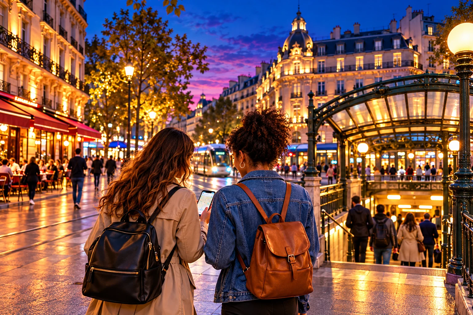 Travellers checking their route near public transport