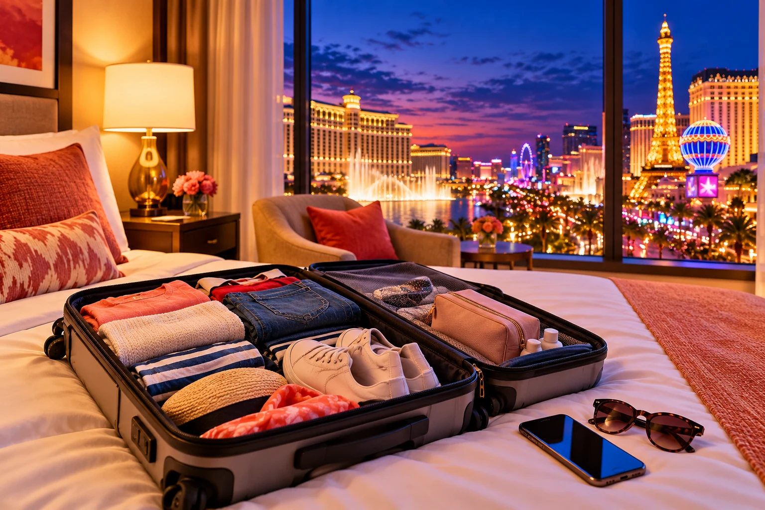 Open suitcase packed for a city break